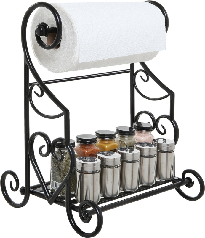 Matte Black Heart Scrollwork Paper Towel Holder and Spice Rack