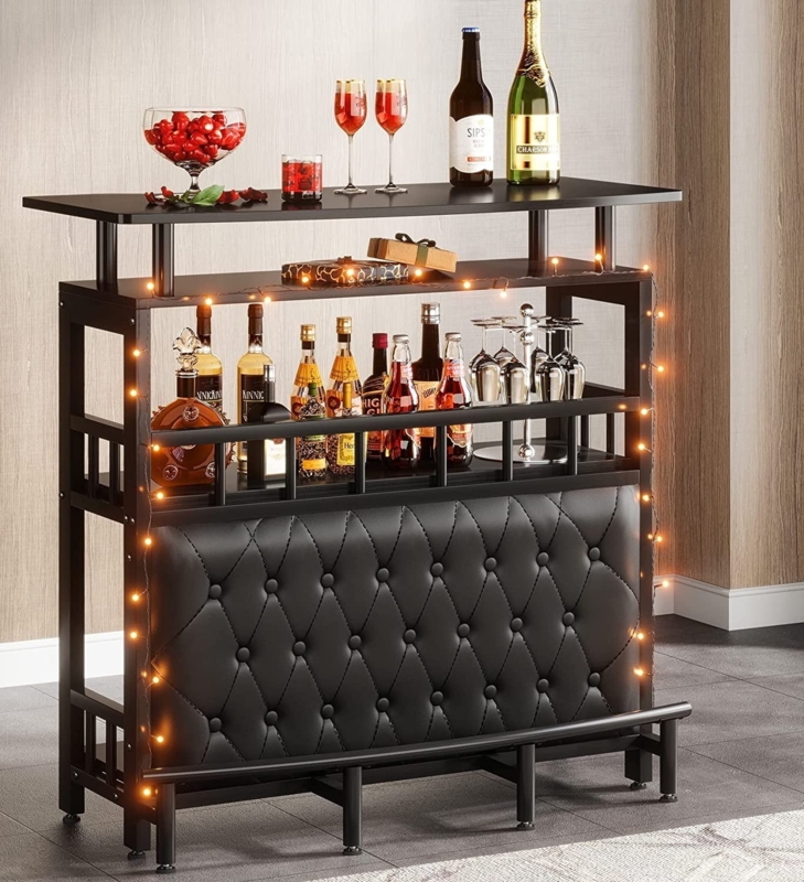 Matte Black Home Bar Unit Diamond Tufted Front Stemware Rack