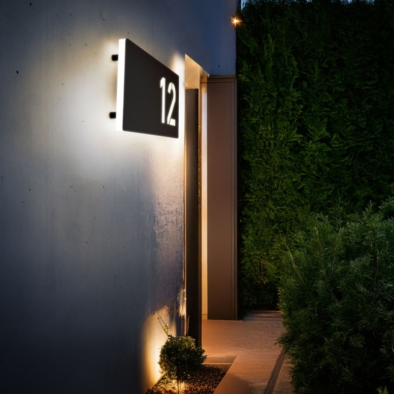 Matte Black Horizontal Address Sign, Backlit Stencil Cutout Numbers
