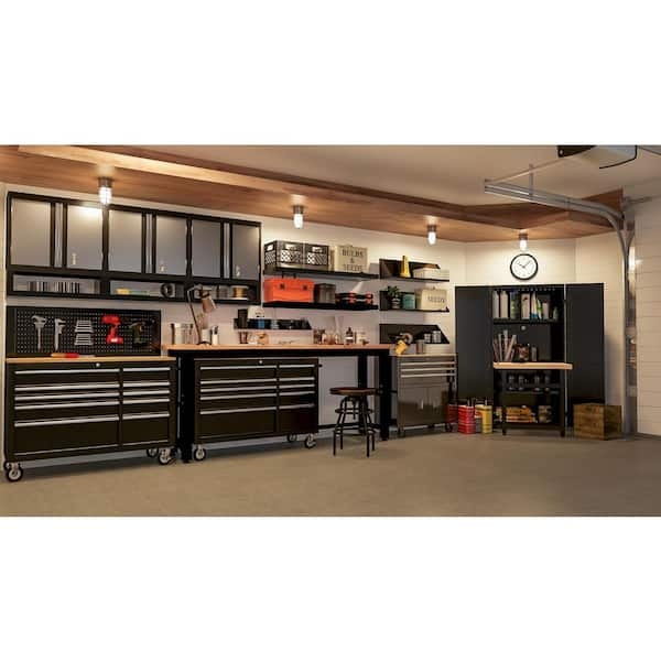 Matte Black Industrial Workbench with Solid Wood Surface