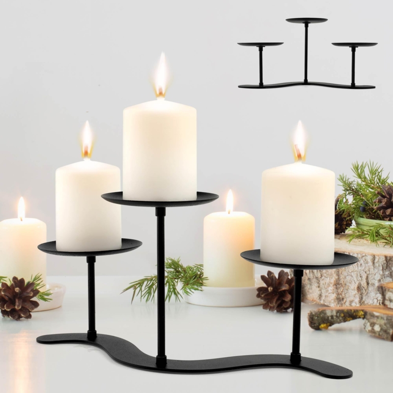Matte Black Iron Candelabra with Unique Wavy Base and Tiered Heights
