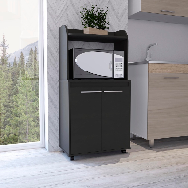 Matte Black Kitchen Hutch Cart with Curved Top and Silver Handles