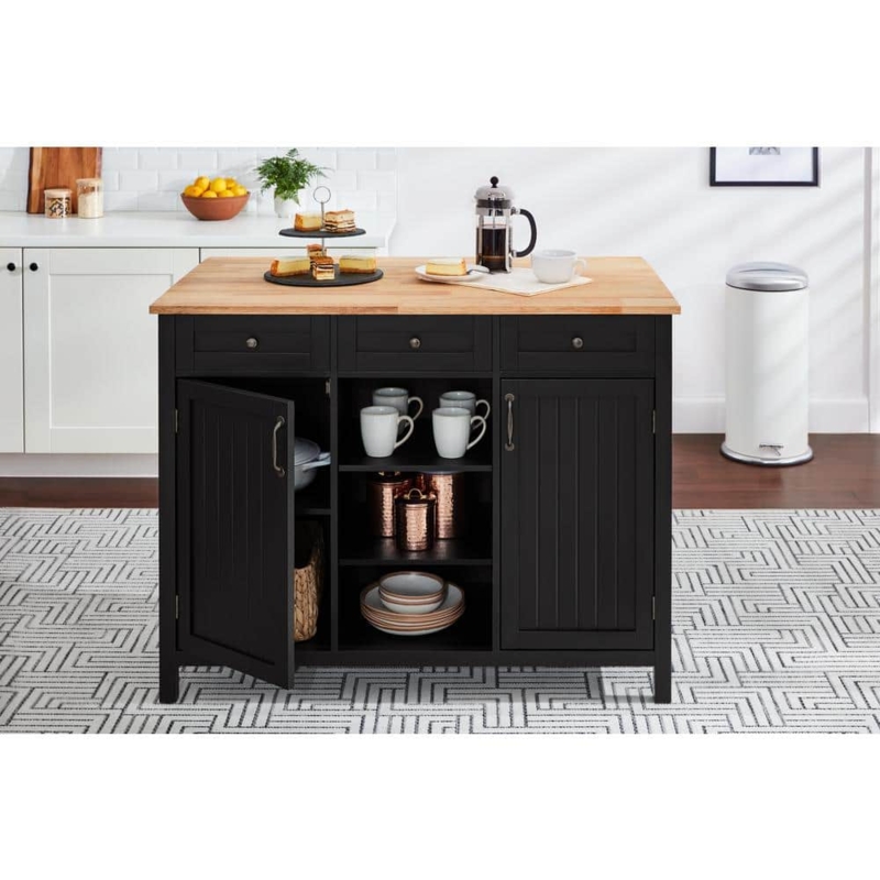 Matte Black Kitchen Island with Beadboard Doors & Wood Top