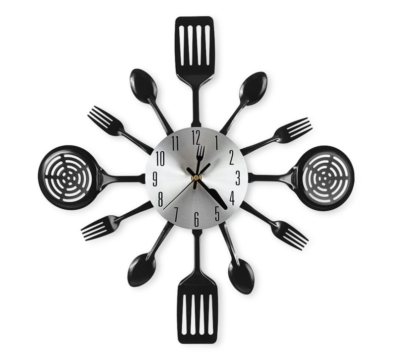 Matte Black Kitchen Wall Clock in Sunburst Arrangement with Utensils