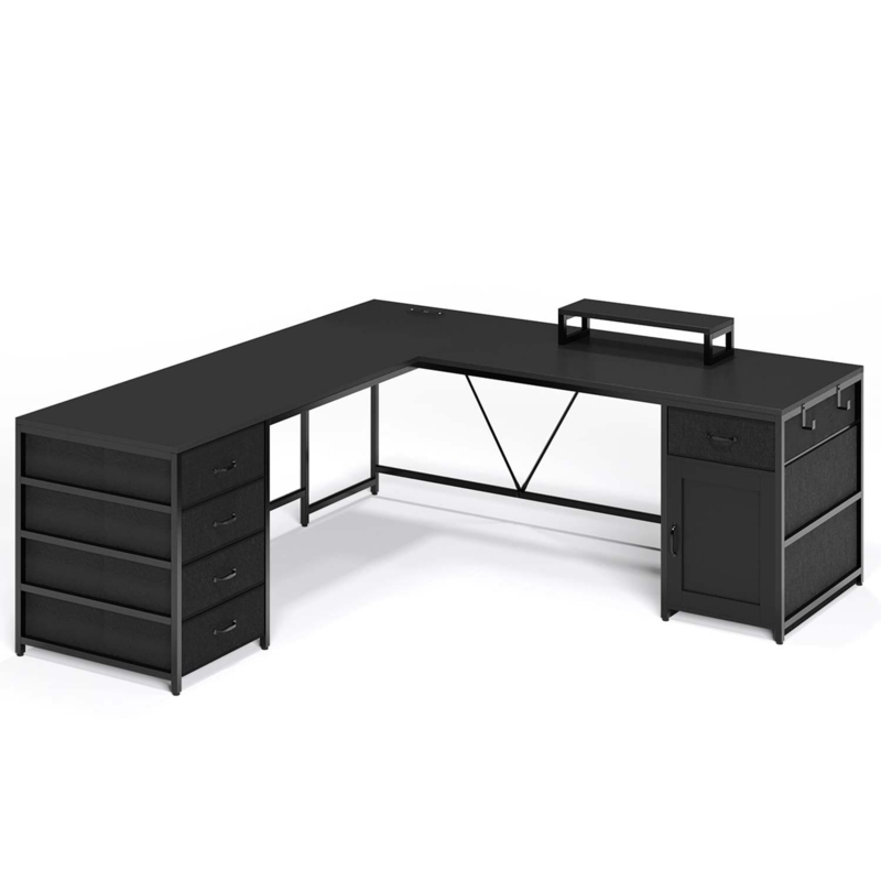 Matte Black L-shaped Desk with Integrated Monitor Riser