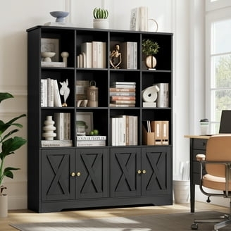 Matte Black Library Bookcase with X-Brace Cabinet Doors