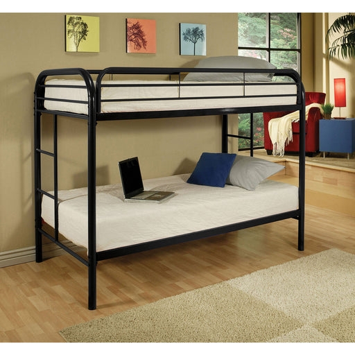 Matte Black Metal Bunk Bed Tubular Frame Rounded Corners Ladder