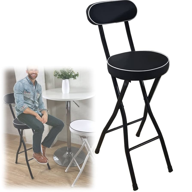 Matte Black Metal Folding Bar Stool Padded Seat White Piping Detail