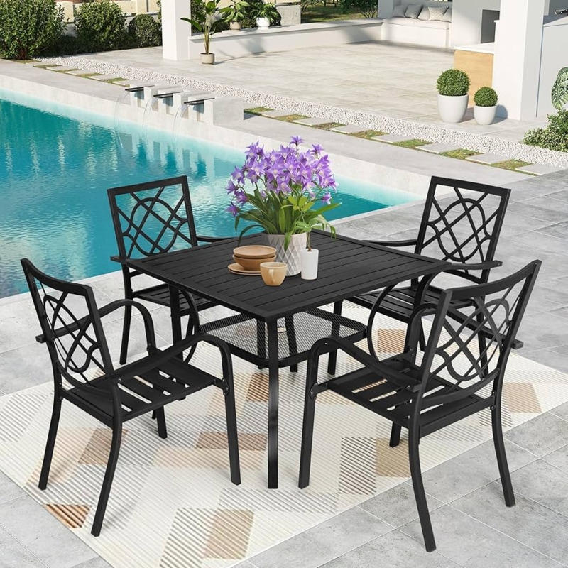 Matte Black Metal Patio Set, Lattice Back Chairs, Square Slatted Table