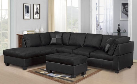 Matte Black Microfiber Sectional with Matching Tufted Ottoman and Geometric Pillows
