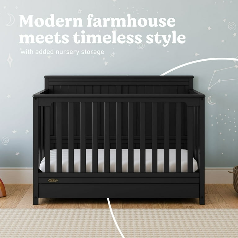 Matte Black Modern Farmhouse Crib with Beadboard Headboard Storage