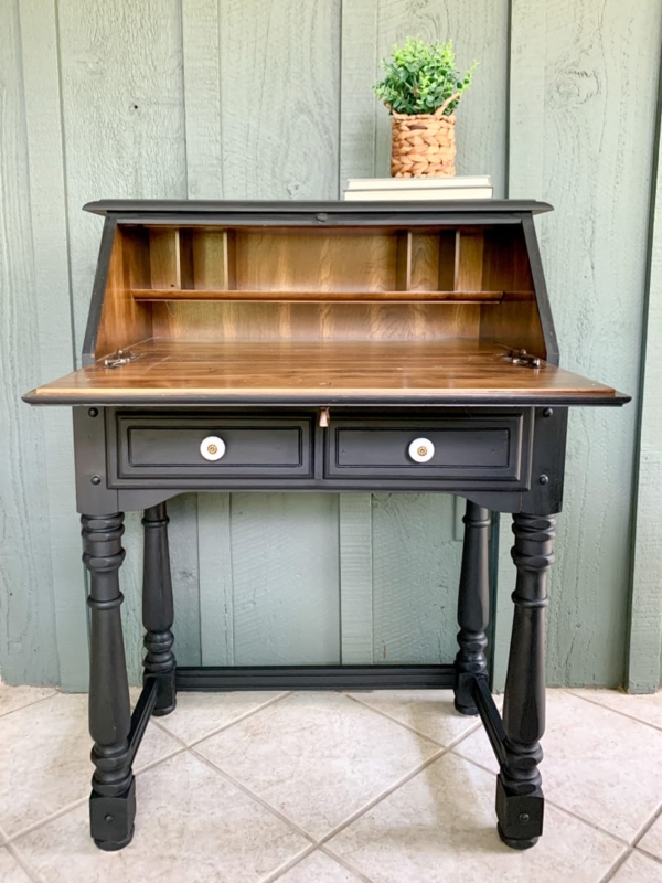 Matte Black Secretary Desk, Wood Lined Interior, Turned Legs, Farmhouse