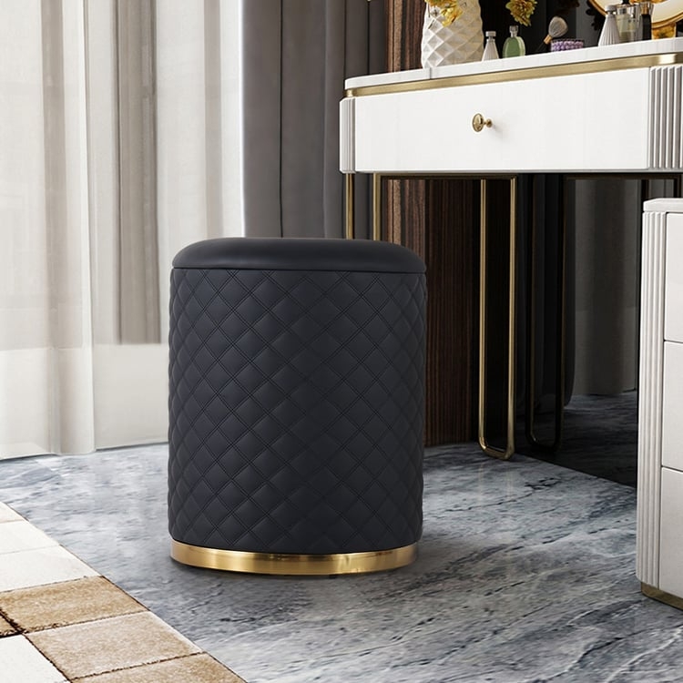 Matte Black Vanity Stool Diamond Quilted Gold Plinth Base Cylindrical