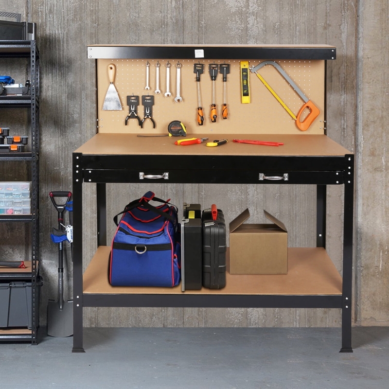 Matte Black Workbench with Pegboard Back and Integrated Drawer