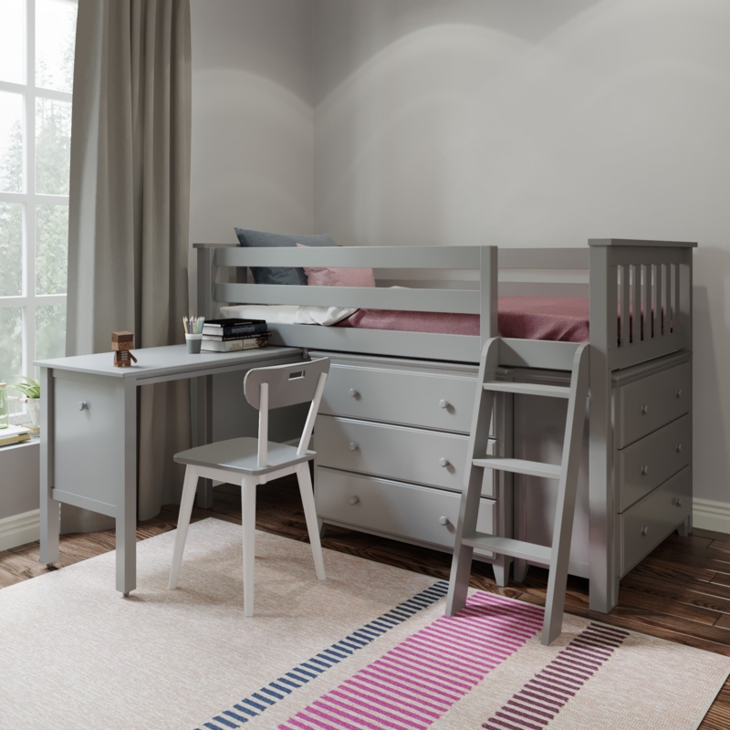 Matte Gray Loft Bed Dual Built-In Dressers and Integrated Desk