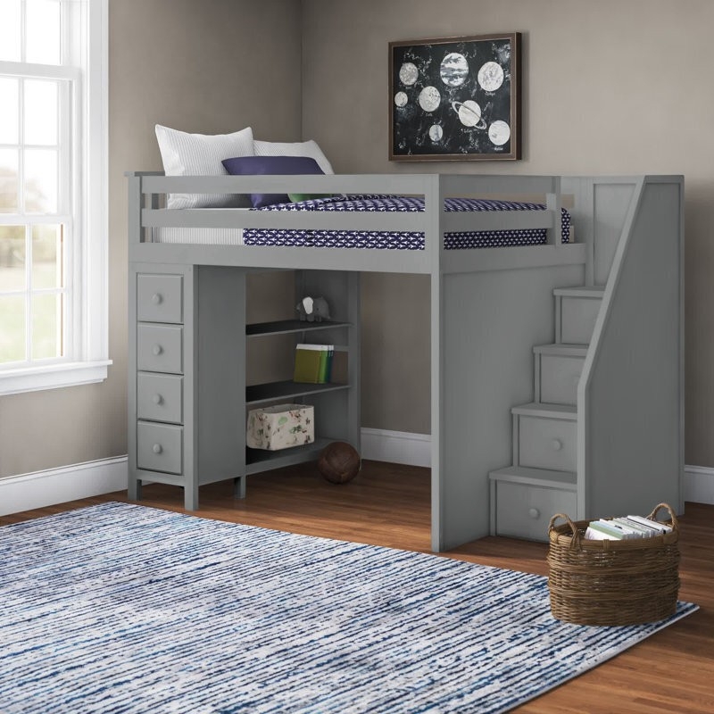 Matte Gray Loft Bed with Integrated Dresser and Stairs