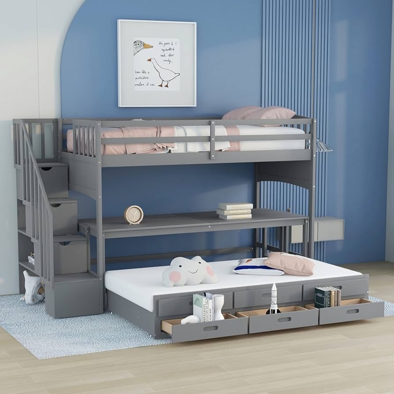 Matte Gray Loft Bed with Storage Staircase and Trundle Drawers