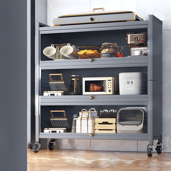 Matte Grey Mobile Bakers Rack with Fluted Doors & Locking Casters