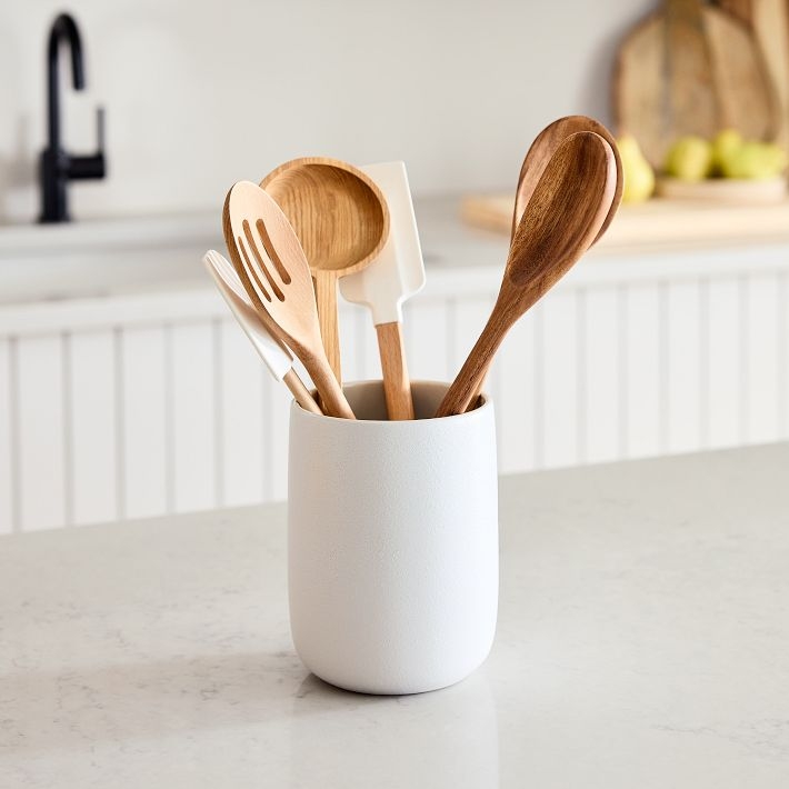Matte White Stoneware Utensil Holder with Rounded Base