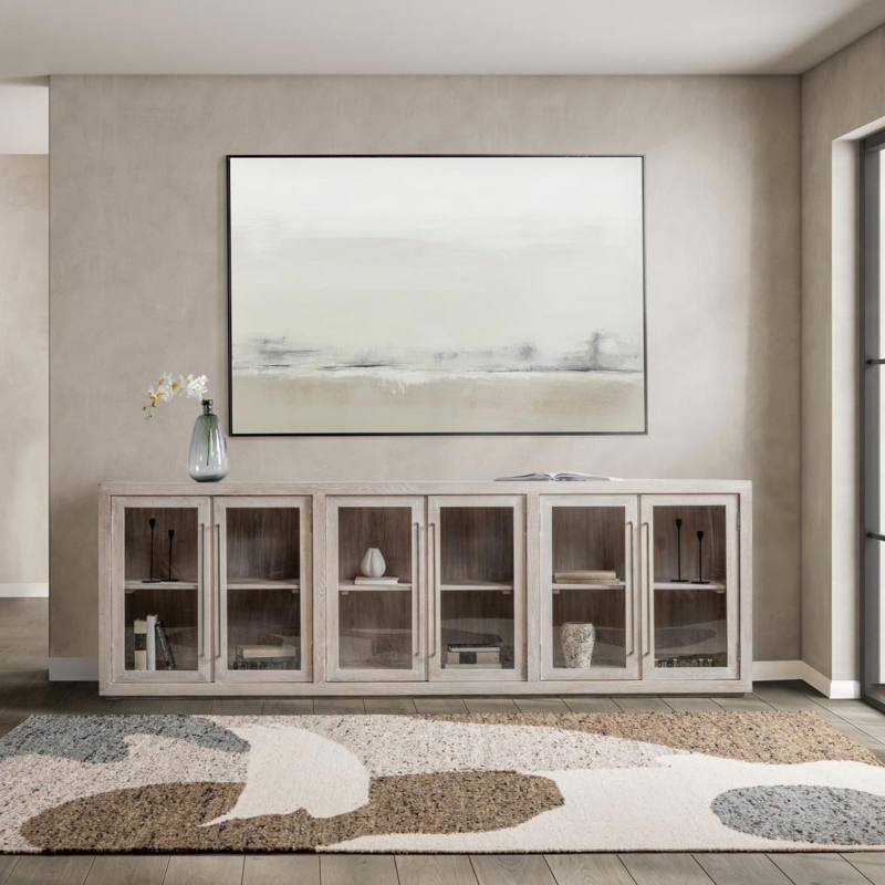 Media Cabinet 108 Inch Extra Long White Wash Glass Doors