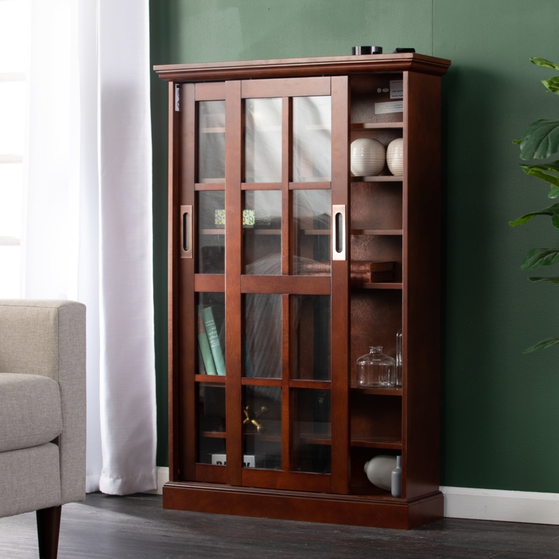 Media Cabinet Espresso Brown Sliding Grid Glass Doors
