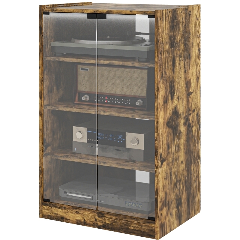 Media Cabinet Rustic Brown Distressed Wood Tempered Glass