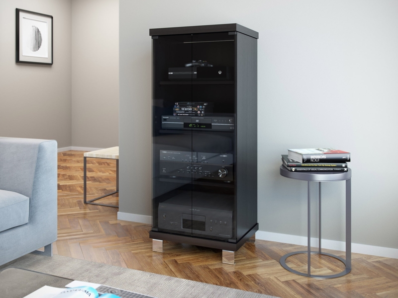 Media Cabinet Vertical Black Glass Doors Chrome Block Feet