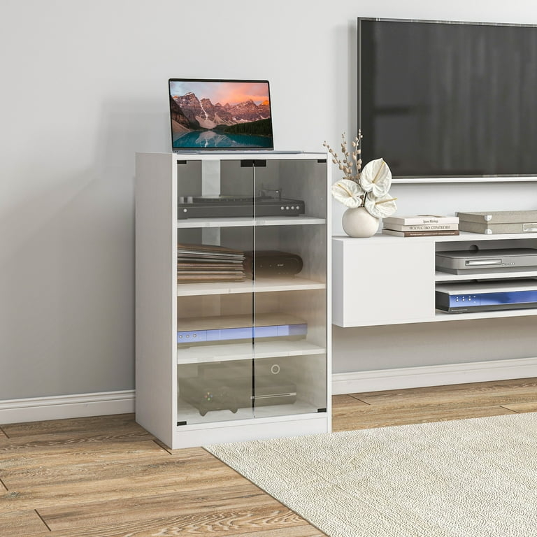 Media Cabinet White 4-Tier Glass Doors Vertical