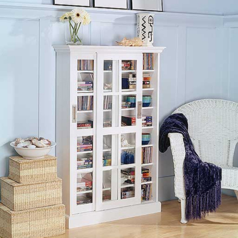 Media Cabinet White Sliding Doors Windowpane Glass