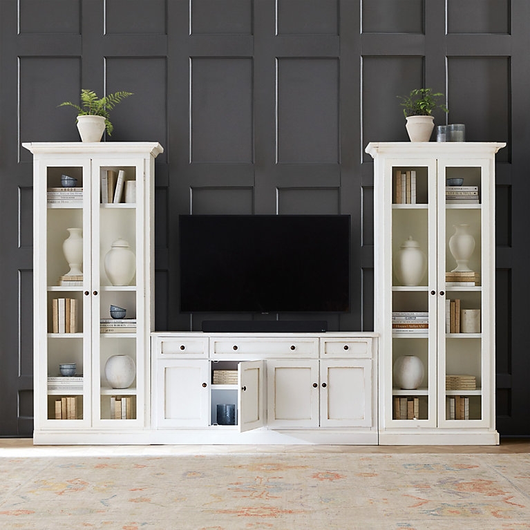 Media Console 3-Piece Distressed White Glass Door Bookcases