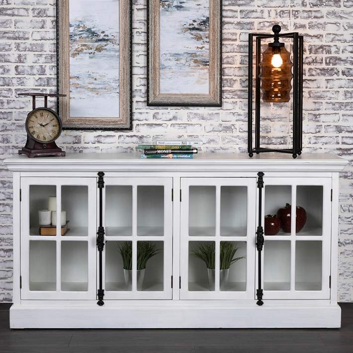 Media Console 72 Inch White Windowpane Glass Black Hinges
