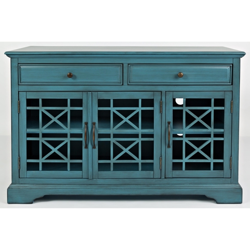 Media Console Antique Blue Lattice Glass Doors Distressed