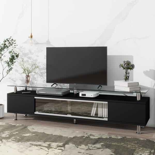 Media Console Elevated Glass Top Sliding Glass Doors Silver Legs