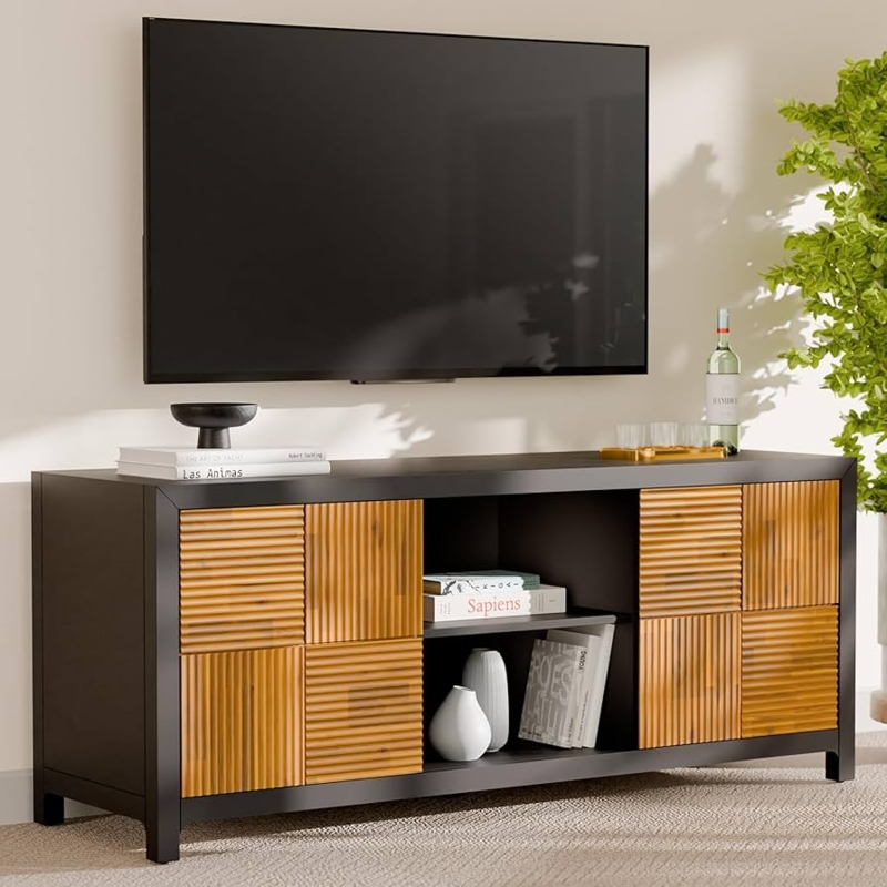 Media Console Fluted Alternating Grain Black Frame TV Stand