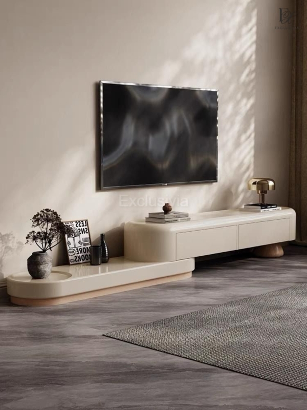 Media Console Japandi Glossy Cream Staggered Levels Rounded Corners