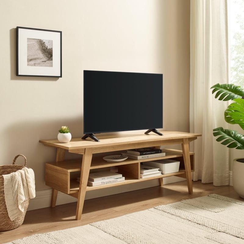 Media Console Japandi Light Wood with Open Cubbies Splayed Legs