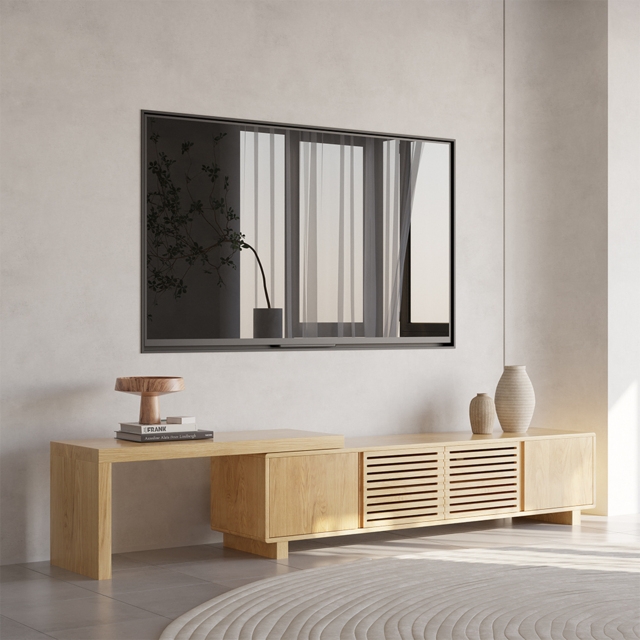 Media Console Japandi Natural Wood Extendable Overlapping Tiers