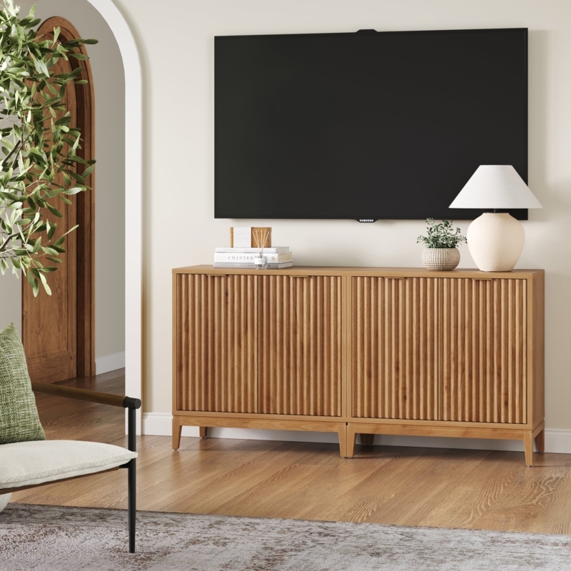 Media Console Japandi Style with Fluted Doors and Tapered Legs