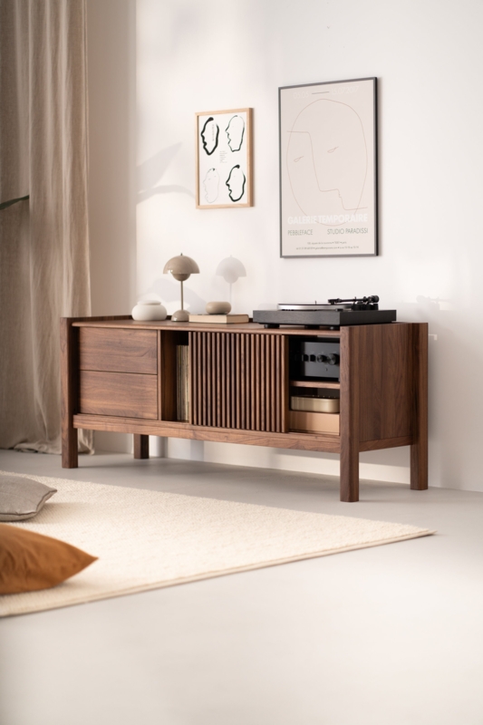 Media Console Japandi Walnut Slatted Sliding Door Low Profile