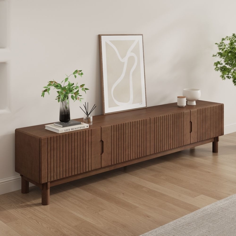 Media Console Japandi Walnut Vertical Grille Doors Recessed Handles