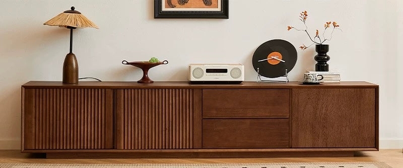 Media Console Japandi Warm Teak Slatted Sliding Doors Mitered Corners