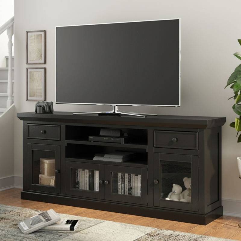 Media Console Matte Black 72 Inch Glass Doors Crown Molding