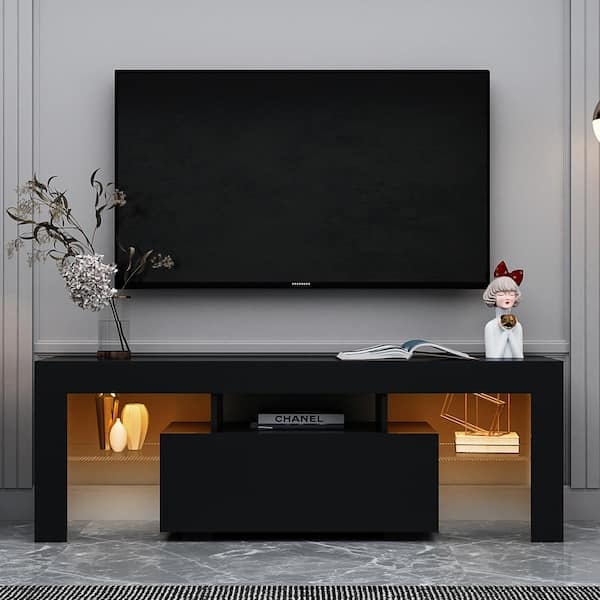 Media Console Matte Black with Recessed Glow and Handleless Front