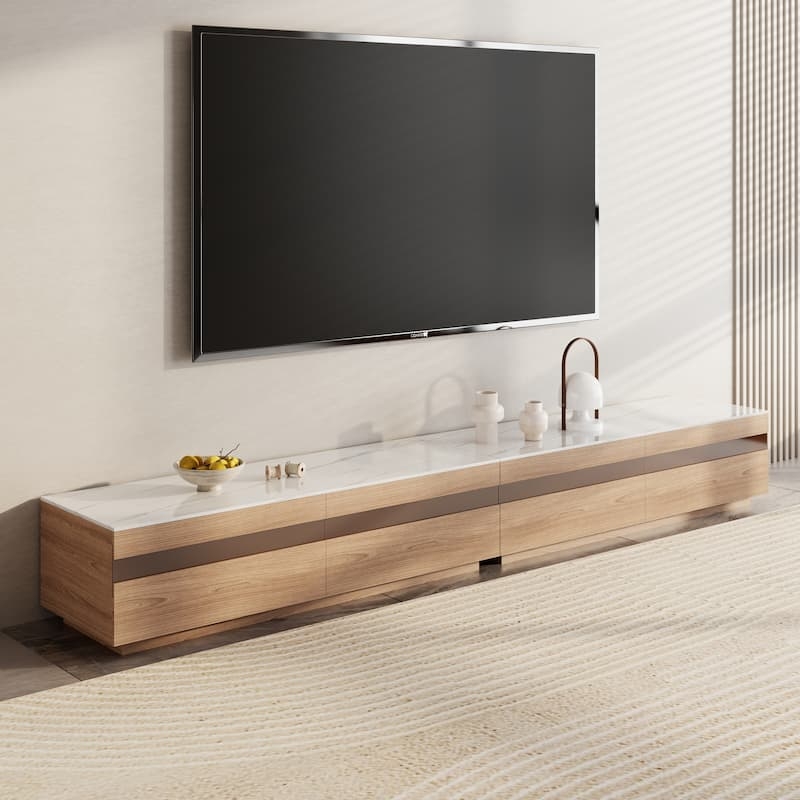 Media Console Stone Look Top Recessed Accent Strip Handleless Drawers