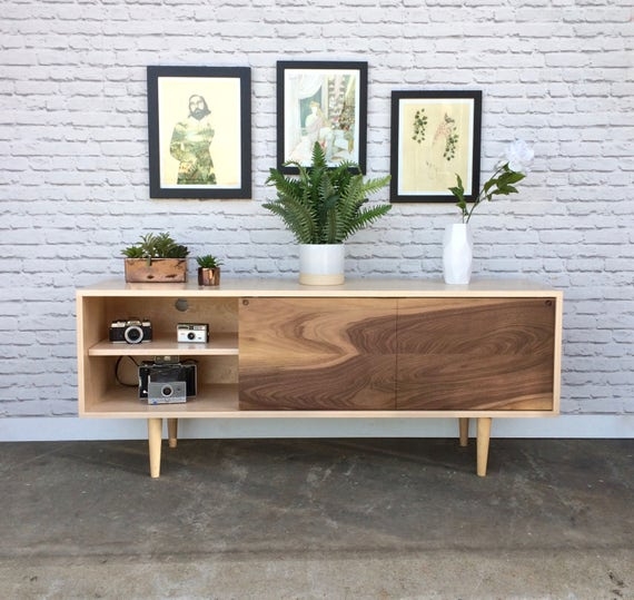 Media Console Two Tone Wood Tapered Cylindrical Legs Figured Grain