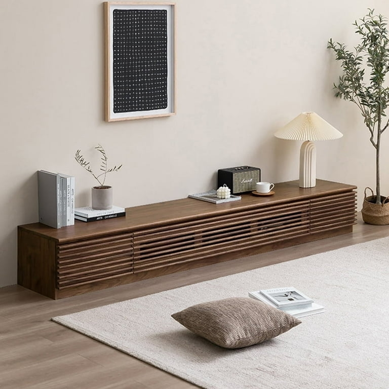 Media Console Walnut Veneer Horizontal Ribbing Low Profile Japandi