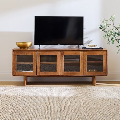 Media Console Warm Wood Four Doors Glass Panels