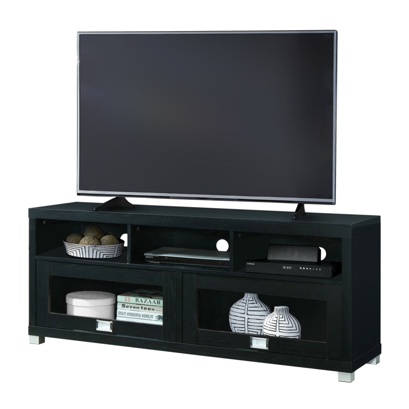 Media Console with Glass Doors Black Wood Grain and Silver Pulls