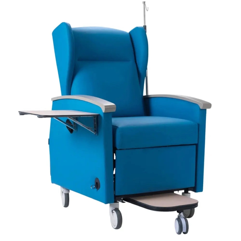 Medical Recliner, Integrated IV Pole, Electric Blue, Wingback Design.