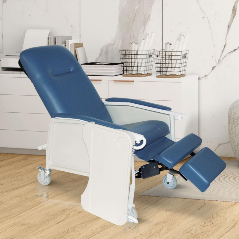 Medical Reclining Chair, Elevating Legrests, Navy Blue, White Frame.